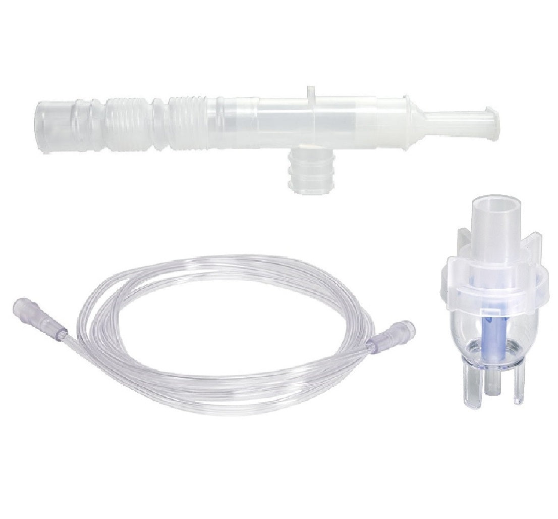 VixOne nebulizer kit set — mouthpiece, T-piece, reservoir tube, medication cup, and supply tubing (white background)