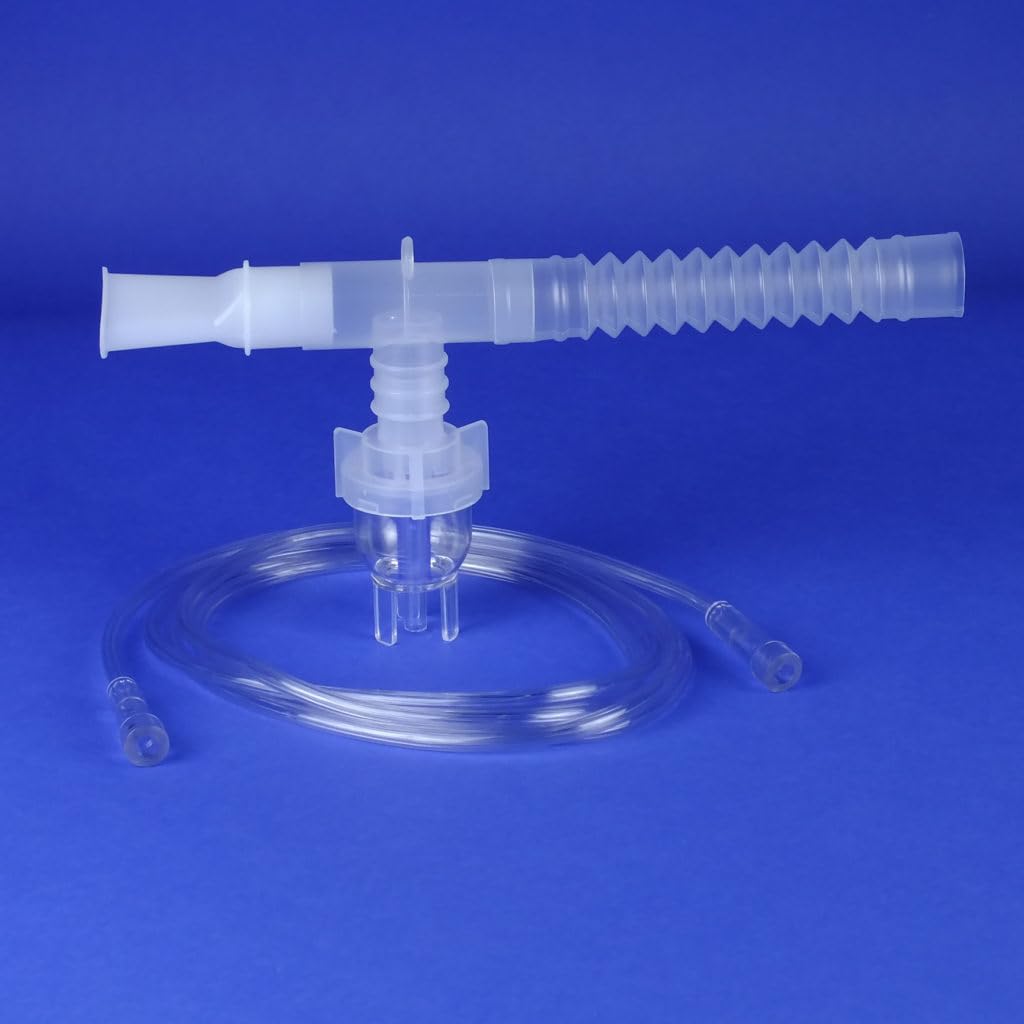 VixOne / Westmed historic nebulizer kit assembled on blue background — mouthpiece, T-piece, reservoir tube, cup, supply tubing